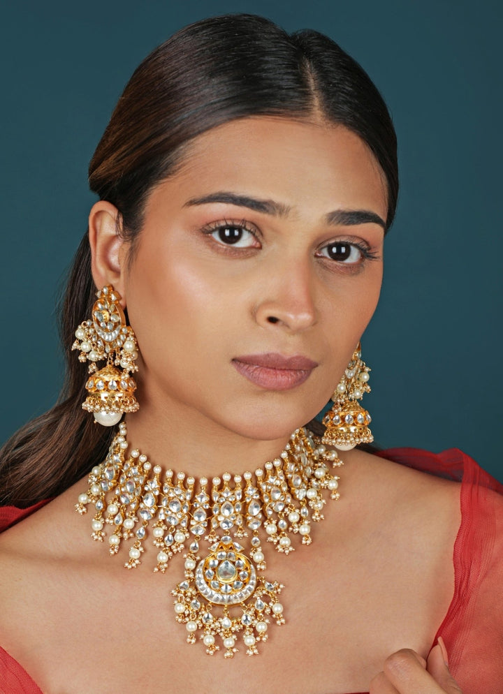 Riana Jewellery White Jadtar Matte Gold Choker SetFabilicious Fashion