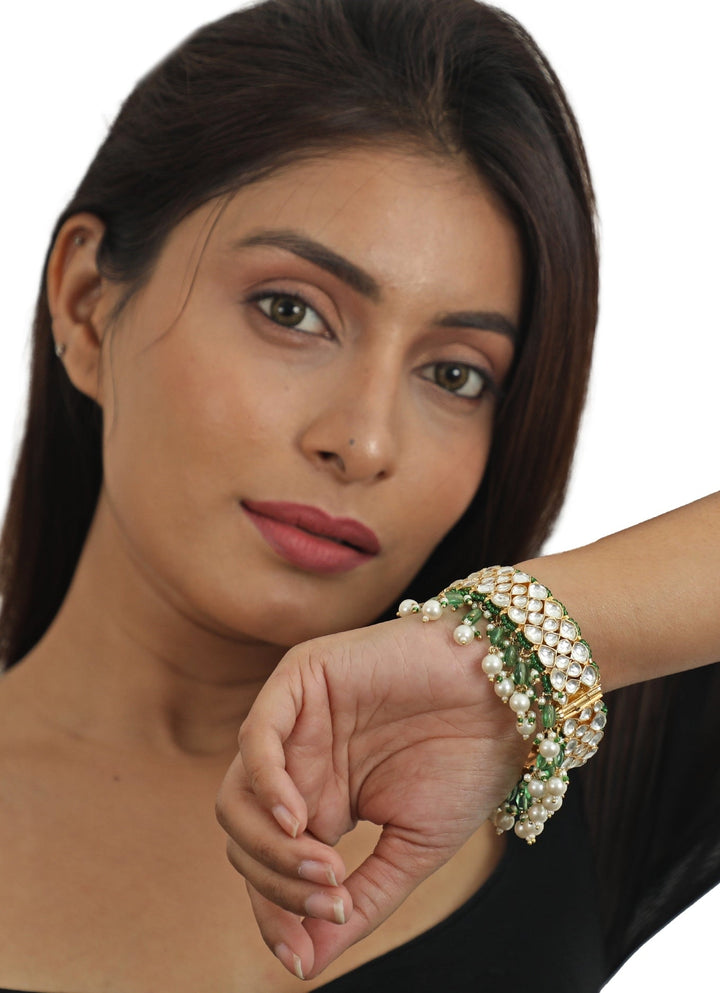 White Jadtar Stone Bangle With Green Beads Riana Jewellery - Fabilicious Fashion