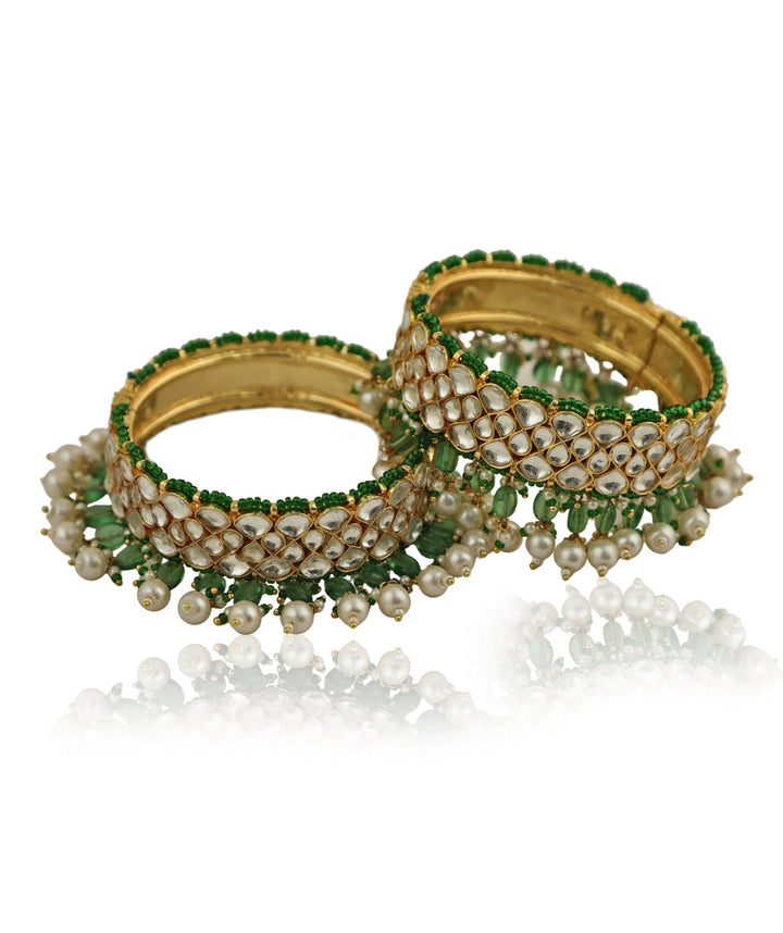 White Jadtar Stone Bangle With Green Beads Riana Jewellery - Fabilicious Fashion