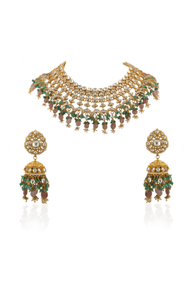 White Jadtar Stone Heavy Bridal Necklace Set Pastel Pink Beads And Jhumki Riana by Shikha Jindal - Fabilicious Fashion