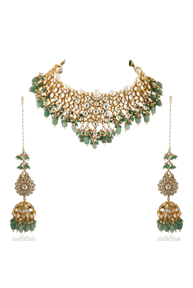 White Jadtar Stone Heavy Necklace With Pearl And Sea Green Beads With Jhumki Riana by Shikha Jindal - Fabilicious Fashion