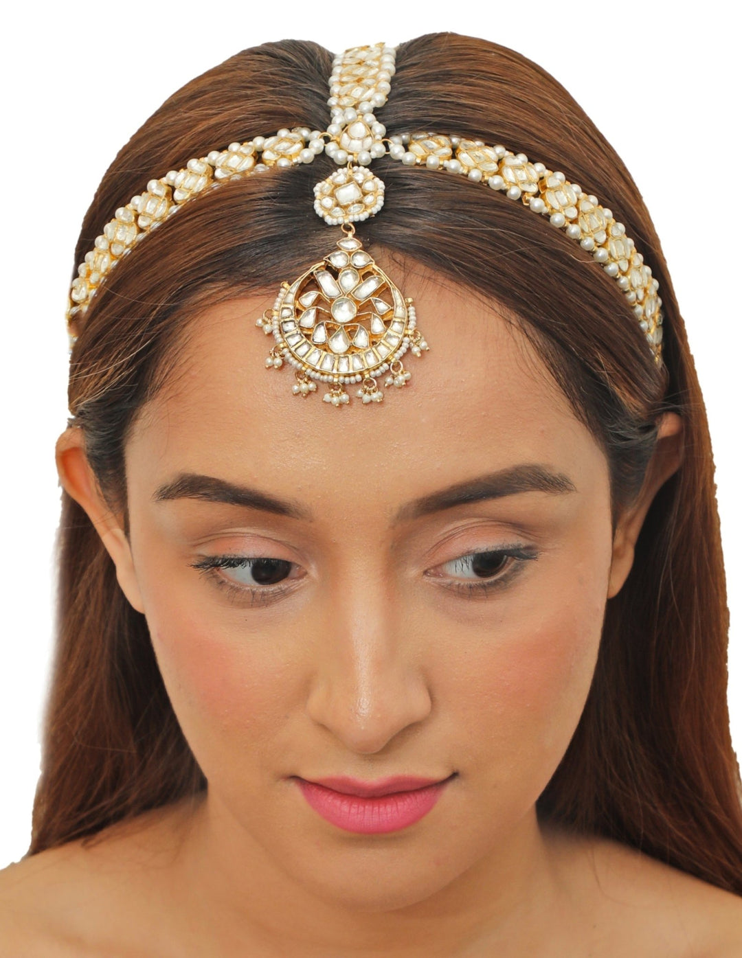 White Jadtar Stone Maathapatti With Pearls Riana Jewellery - Fabilicious Fashion