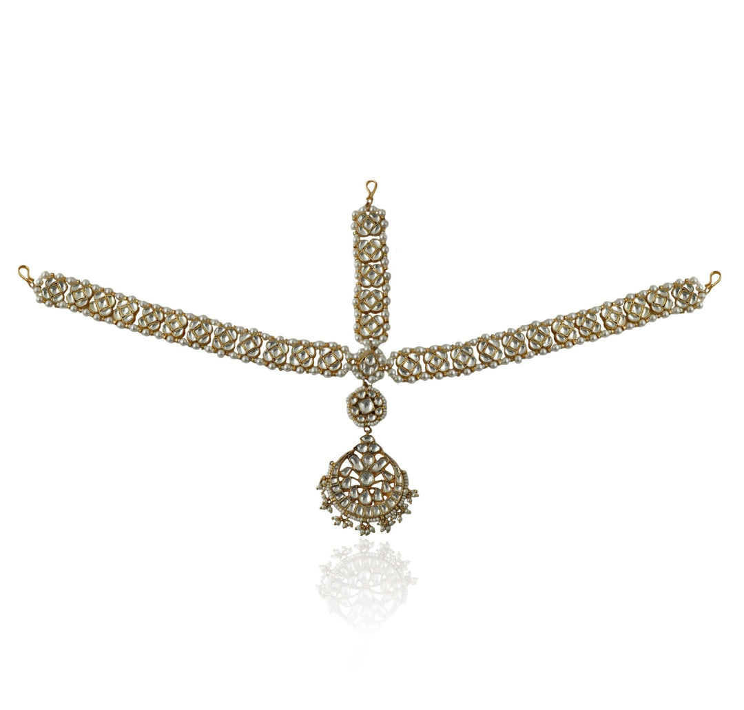 White Jadtar Stone Maathapatti With Pearls Riana Jewellery - Fabilicious Fashion