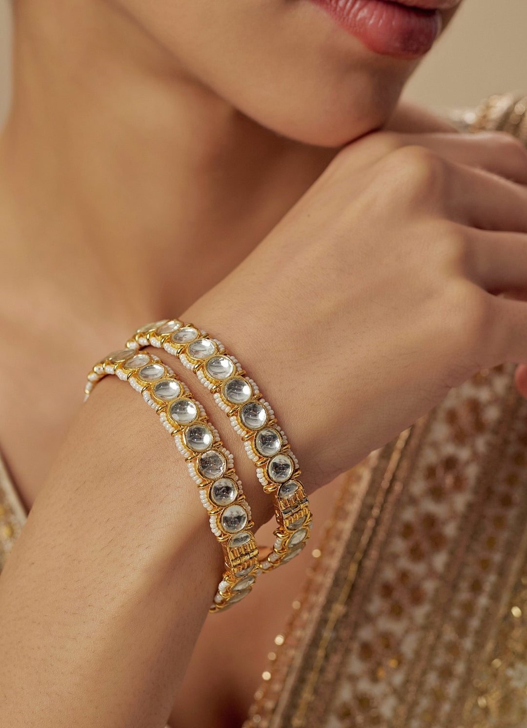 White Kundan And Polki Gold Plated Bangles Vivinia by Vidhi Mehra - Fabilicious Fashion