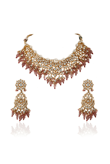 White Kundan Necklace with Beaded Moti and Pearl Line and Pastel Pink Beads Riana by Shikha Jindal - Fabilicious Fashion