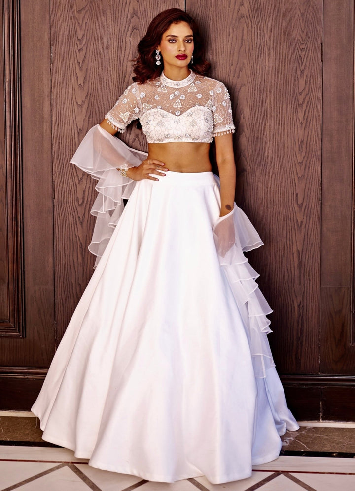 White Lehenga Set With Embroidered Blouse Rashika Sharma - Fabilicious Fashion