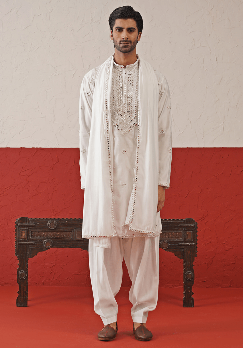 White Mirror Work Kurta Set With Dupatta Kalpraag - Fabilicious Fashion