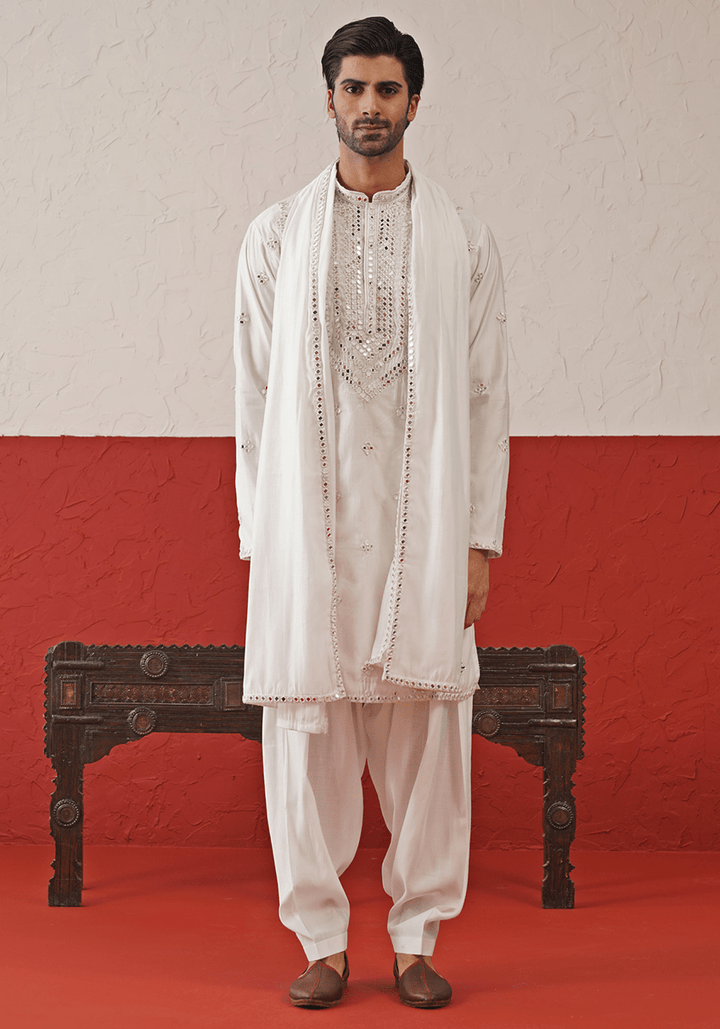 White Mirror Work Kurta Set With Dupatta Kalpraag - Fabilicious Fashion