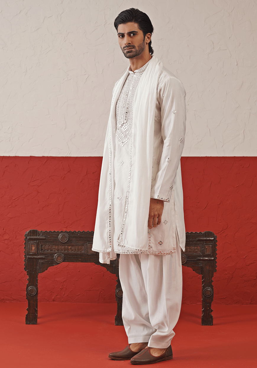White Mirror Work Kurta Set With Dupatta Kalpraag - Fabilicious Fashion