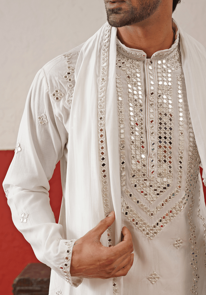 White Mirror Work Kurta Set With Dupatta Kalpraag - Fabilicious Fashion