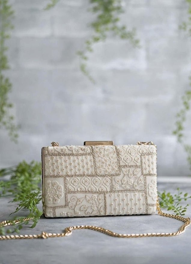 White Mosaic Embroidered Clutch AMYRA - Fabilicious Fashion