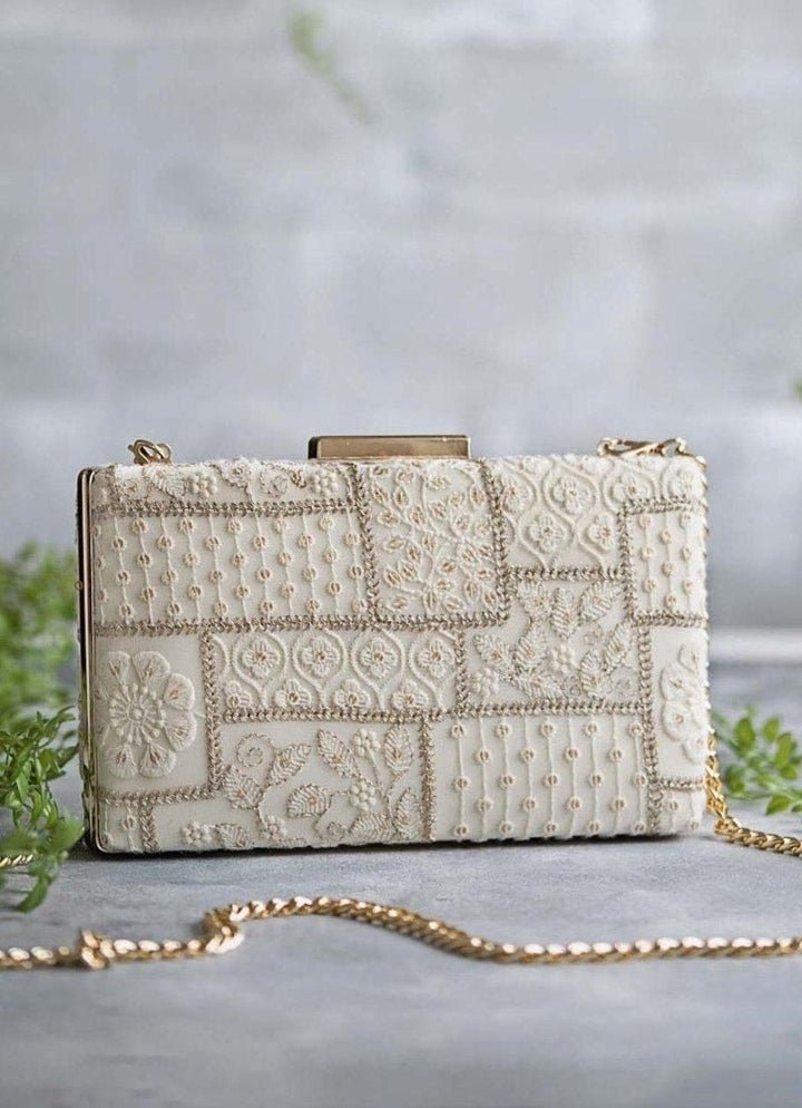 White Mosaic Embroidered Clutch AMYRA - Fabilicious Fashion