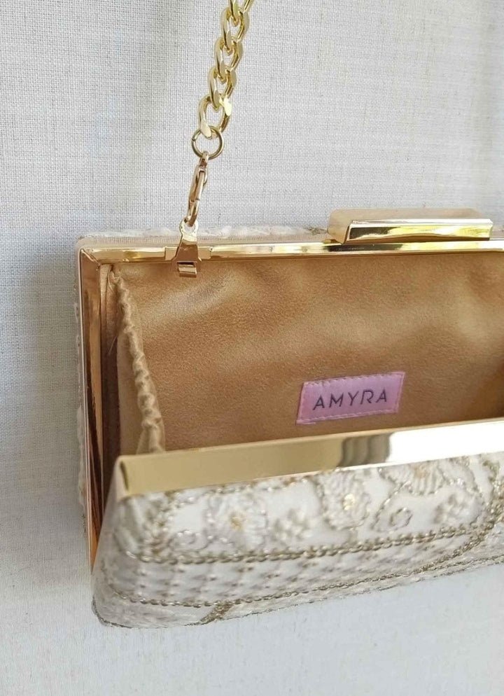 White Mosaic Embroidered Clutch AMYRA - Fabilicious Fashion