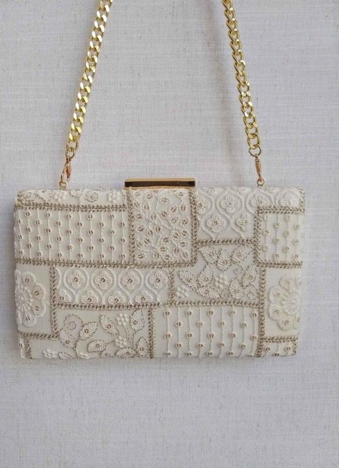 White Mosaic Embroidered Clutch AMYRA - Fabilicious Fashion