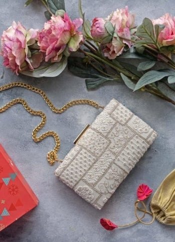 White Mosaic Embroidered Clutch AMYRA - Fabilicious Fashion