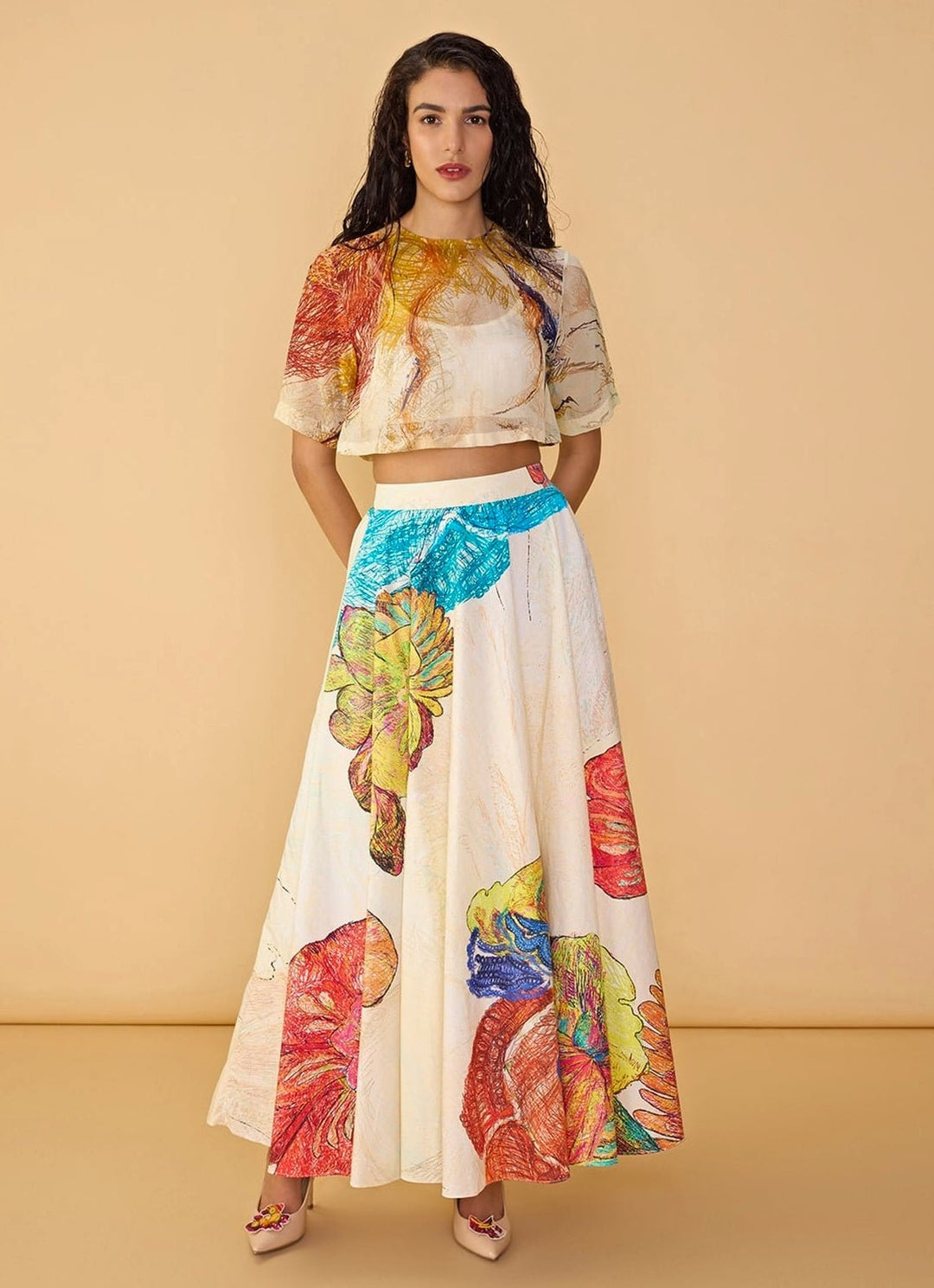 White Multicolour Printed Skirt Co Ord Set Saaksha & Kinni - Fabilicious Fashion