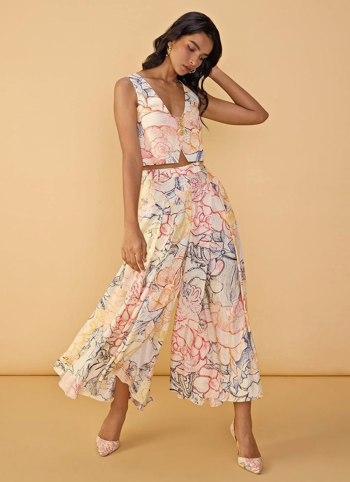 White Multicolour Printed Trouser Set Saaksha &amp; Kinni - Fabilicious Fashion