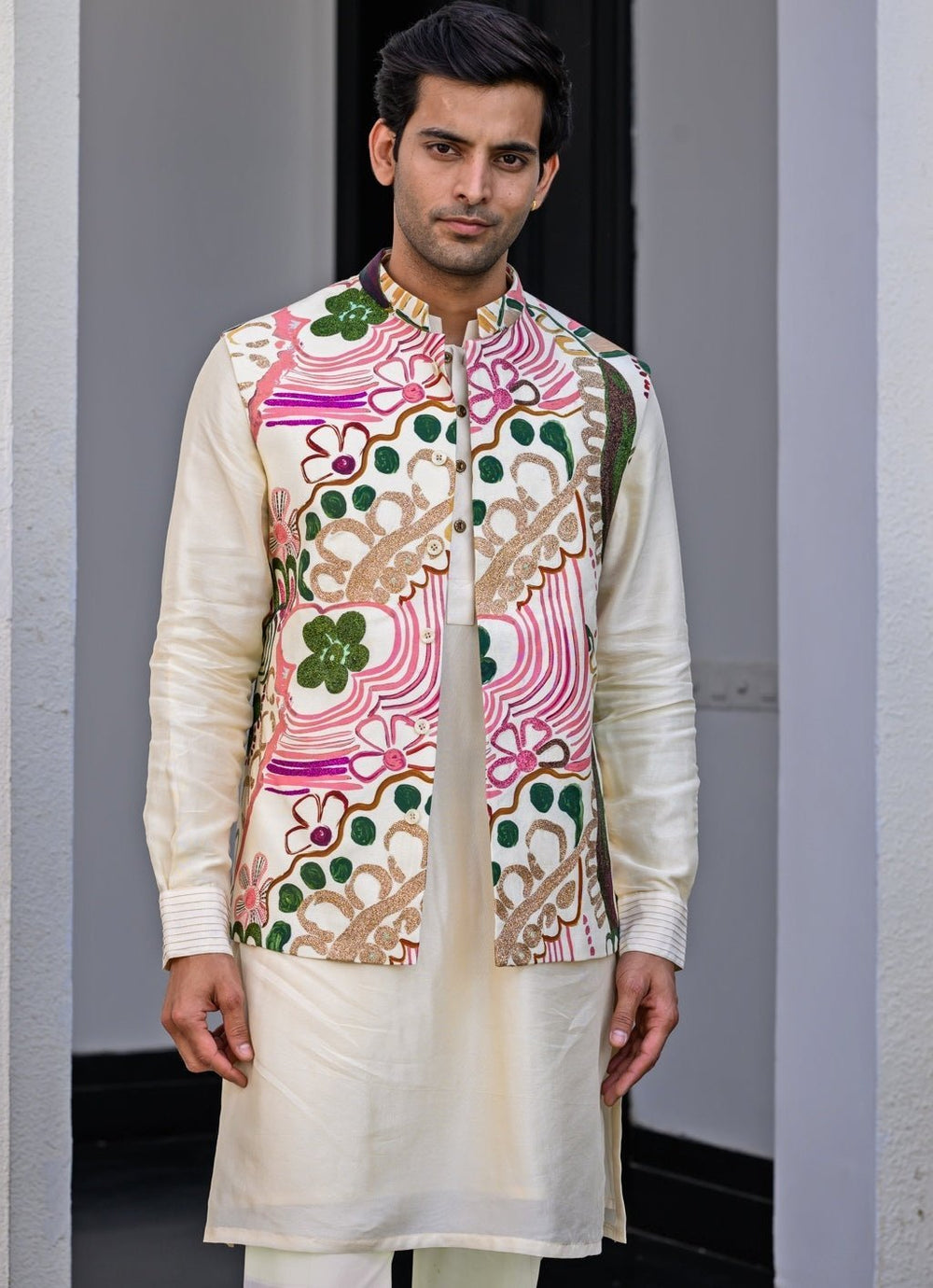 White Muslin Kurta Pant Set with Floral Print Bundi Juhi Bengani - Men - Fabilicious Fashion