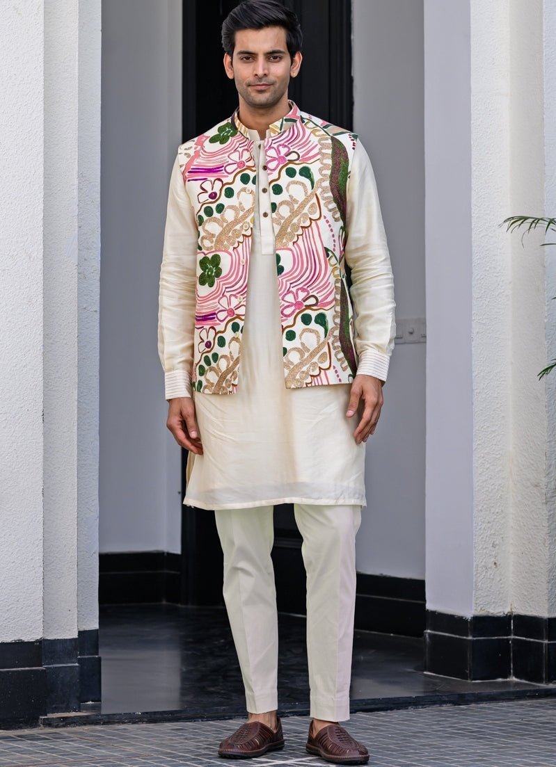 White Muslin Kurta Pant Set with Floral Print Bundi Juhi Bengani - Men - Fabilicious Fashion
