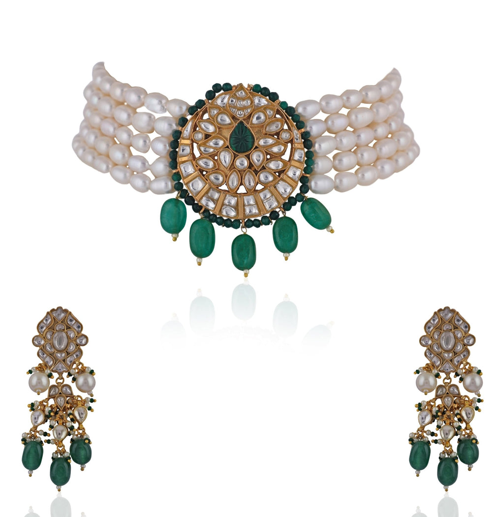 White Pearl and Emerald Green Choker set Riana by Shikha Jindal - Fabilicious Fashion