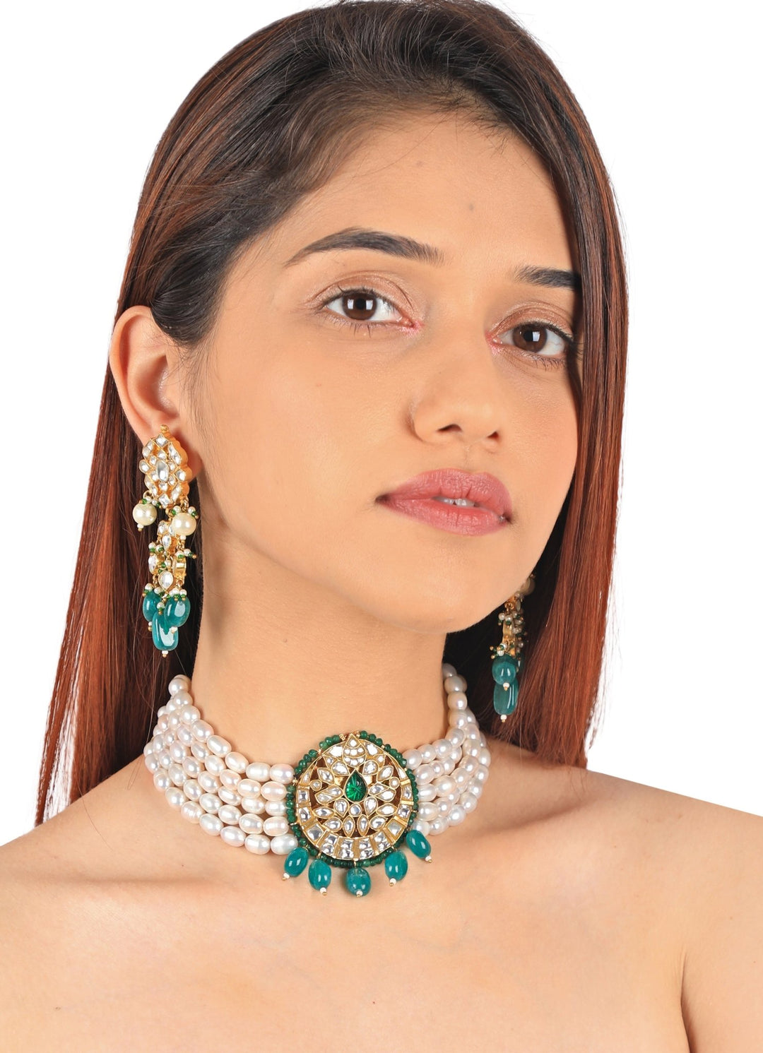 White Pearl and Emerald Green Choker set Riana by Shikha Jindal - Fabilicious Fashion