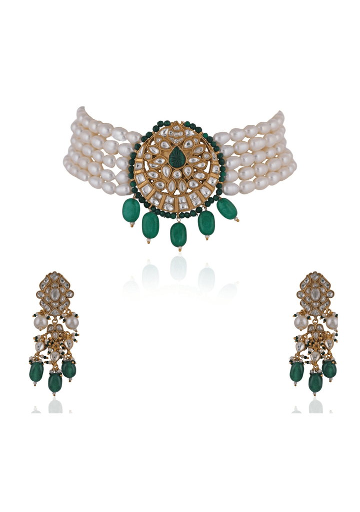 White Pearl And Emerald Green Choker Set Riana Jewellery - Fabilicious Fashion