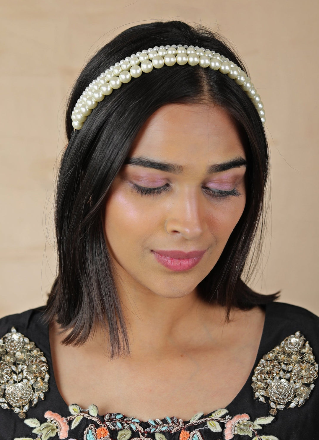 White Pearl Beaded Hairband Riana by Shikha Jindal - Fabilicious Fashion