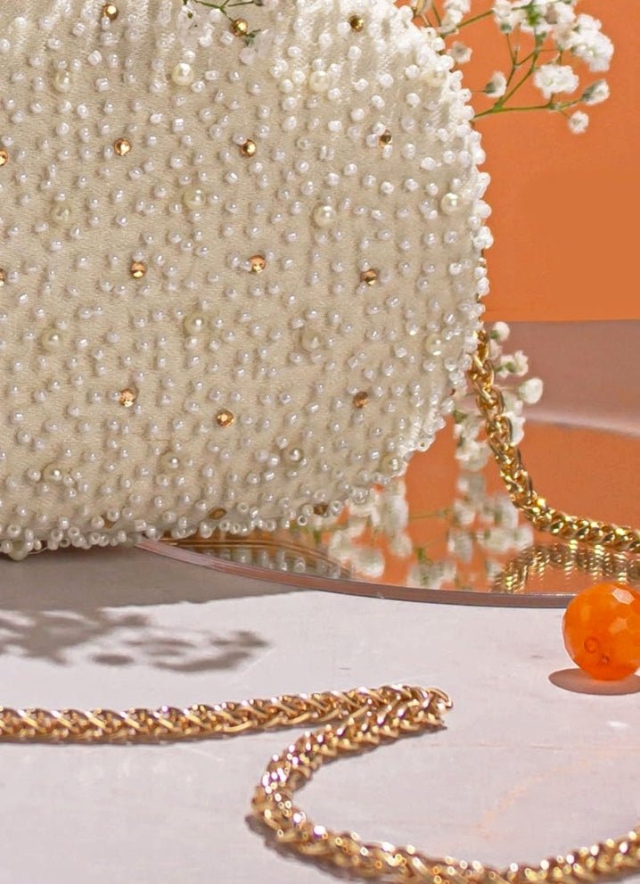 White Pearl Embroidered Clutch AMYRA - Fabilicious Fashion