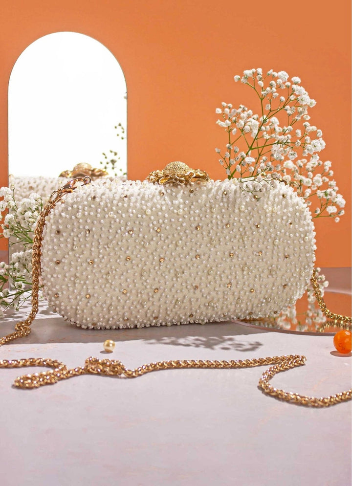 White Pearl Embroidered Clutch AMYRA - Fabilicious Fashion