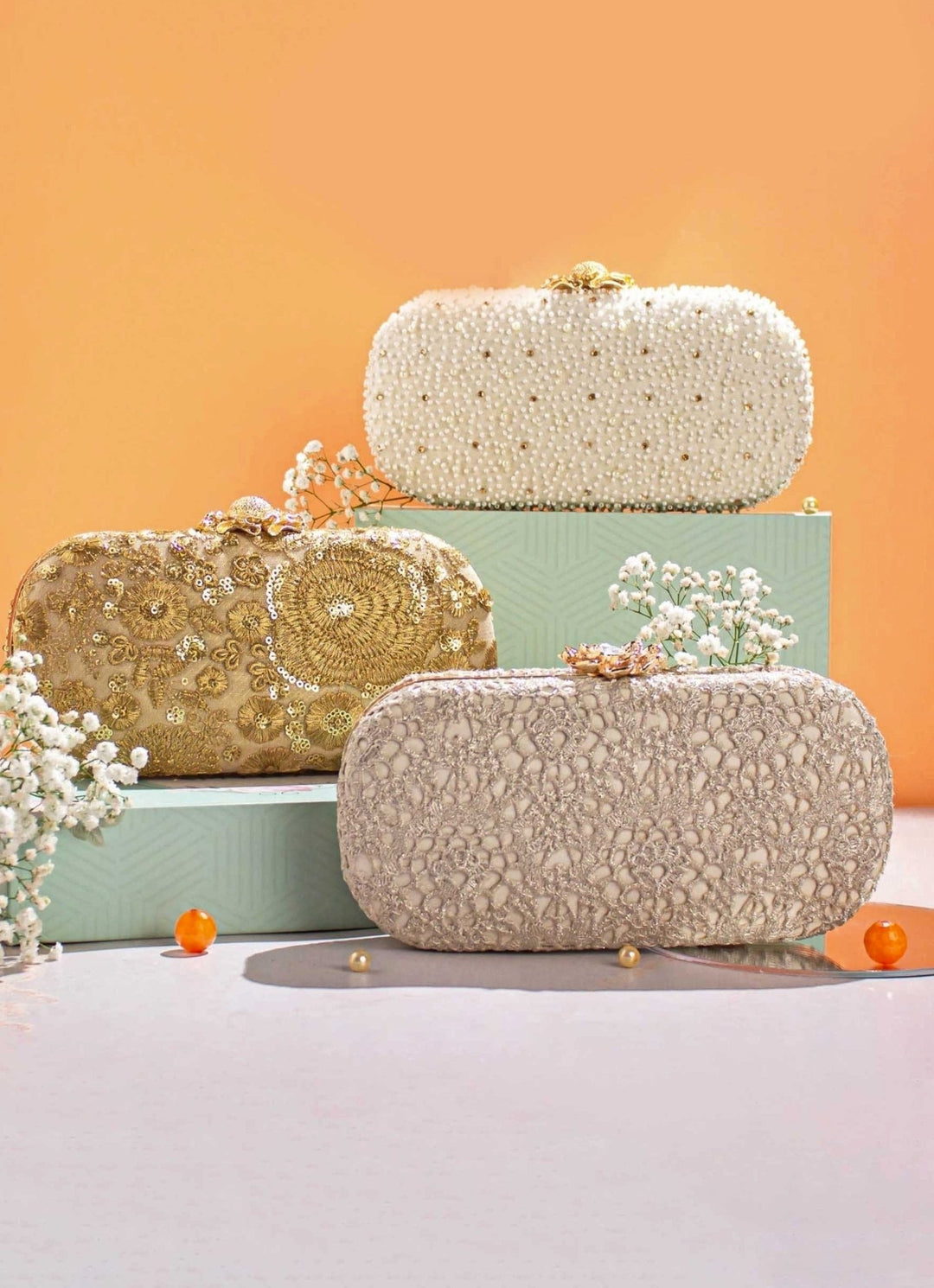 White Pearl Embroidered Clutch AMYRA - Fabilicious Fashion