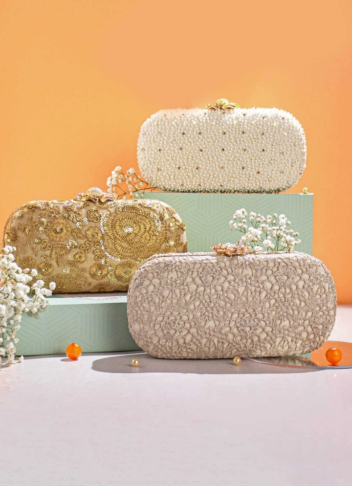 White Pearl Embroidered Clutch AMYRA - Fabilicious Fashion