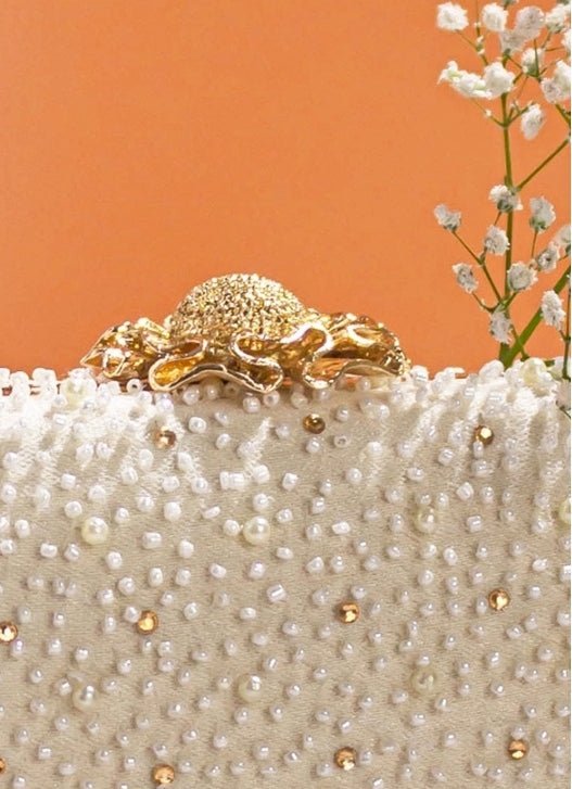 White Pearl Embroidered Clutch AMYRA - Fabilicious Fashion