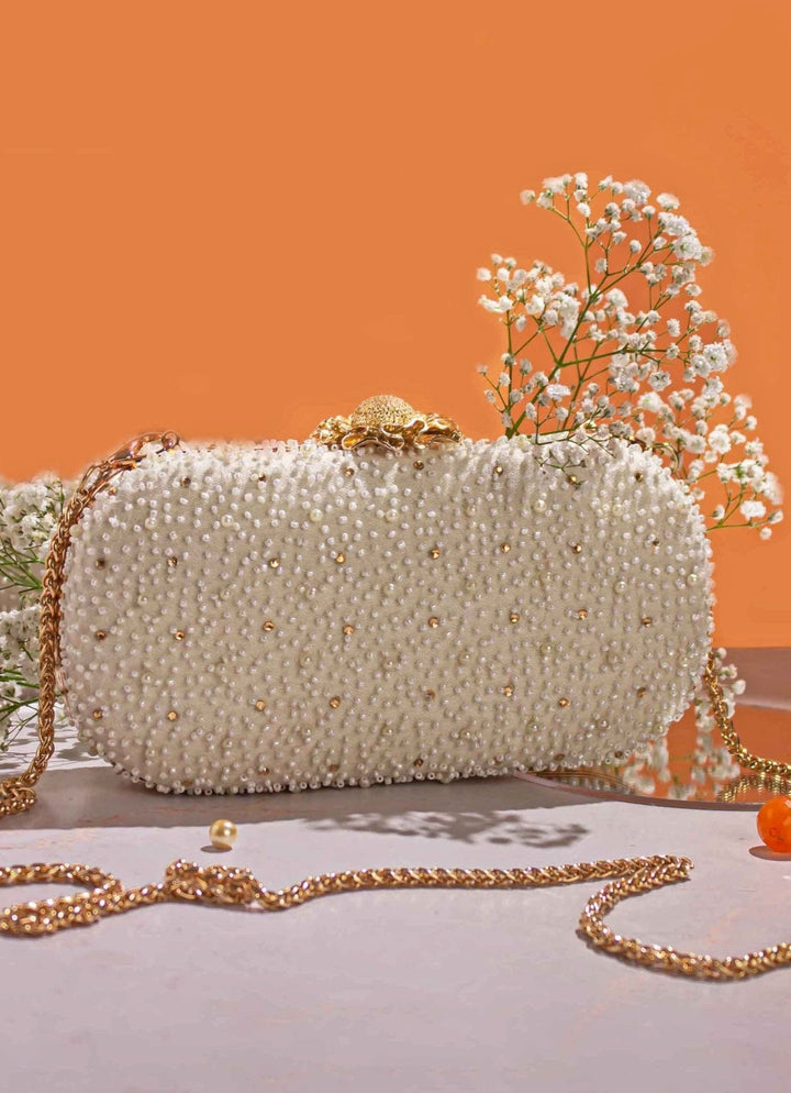 White Pearl Embroidered Clutch AMYRA - Fabilicious Fashion