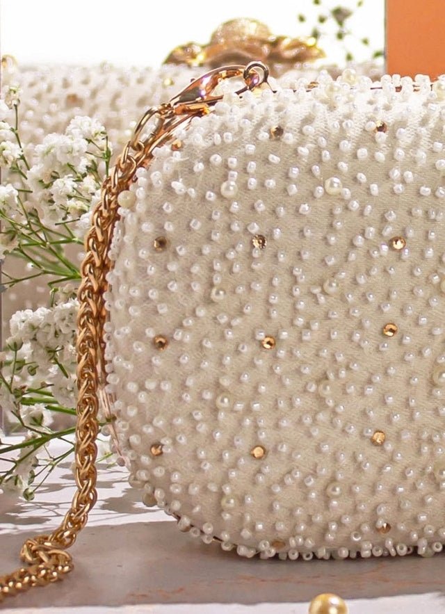 White Pearl Embroidered Clutch AMYRA - Fabilicious Fashion