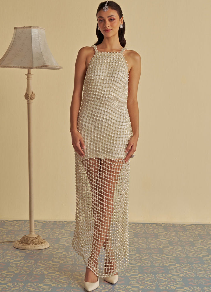 White Pearl Embroidered Gown Jade by Ashima - Fabilicious Fashion