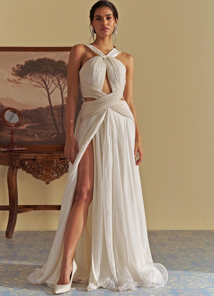White Pearl Embroidered Organza Gown Jade by Ashima - Fabilicious Fashion