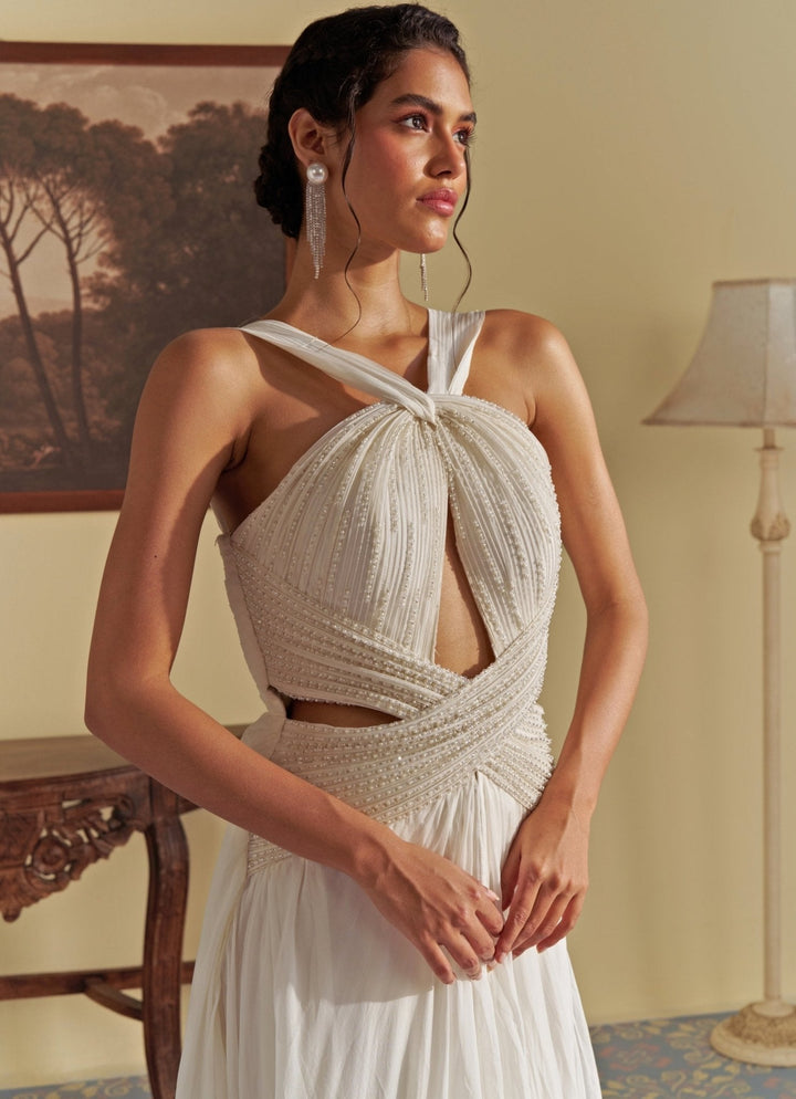 White Pearl Embroidered Organza Gown Jade by Ashima - Fabilicious Fashion