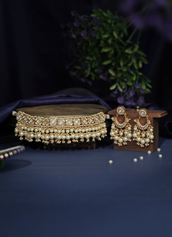 Riana Jewellery White Pearl Matte Gold Choker SetFabilicious Fashion