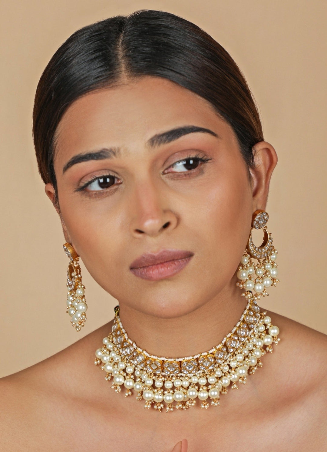 Riana Jewellery White Pearl Matte Gold Choker SetFabilicious Fashion