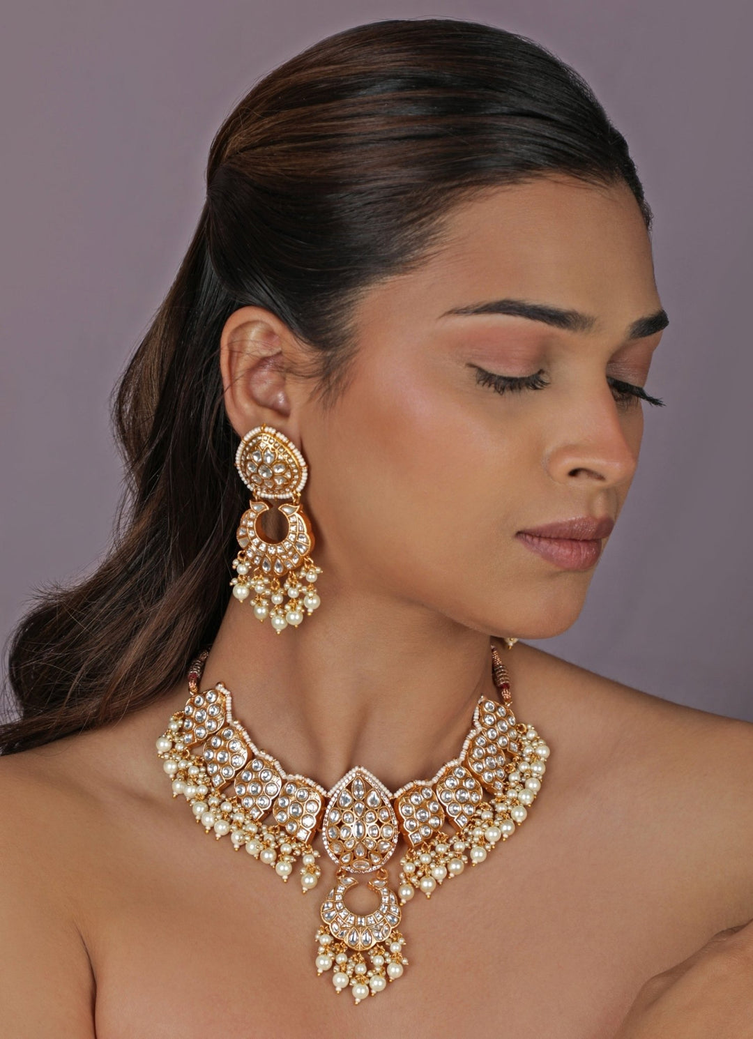 White Pearl Matte Gold Necklace Set Riana Jewellery - Fabilicious Fashion