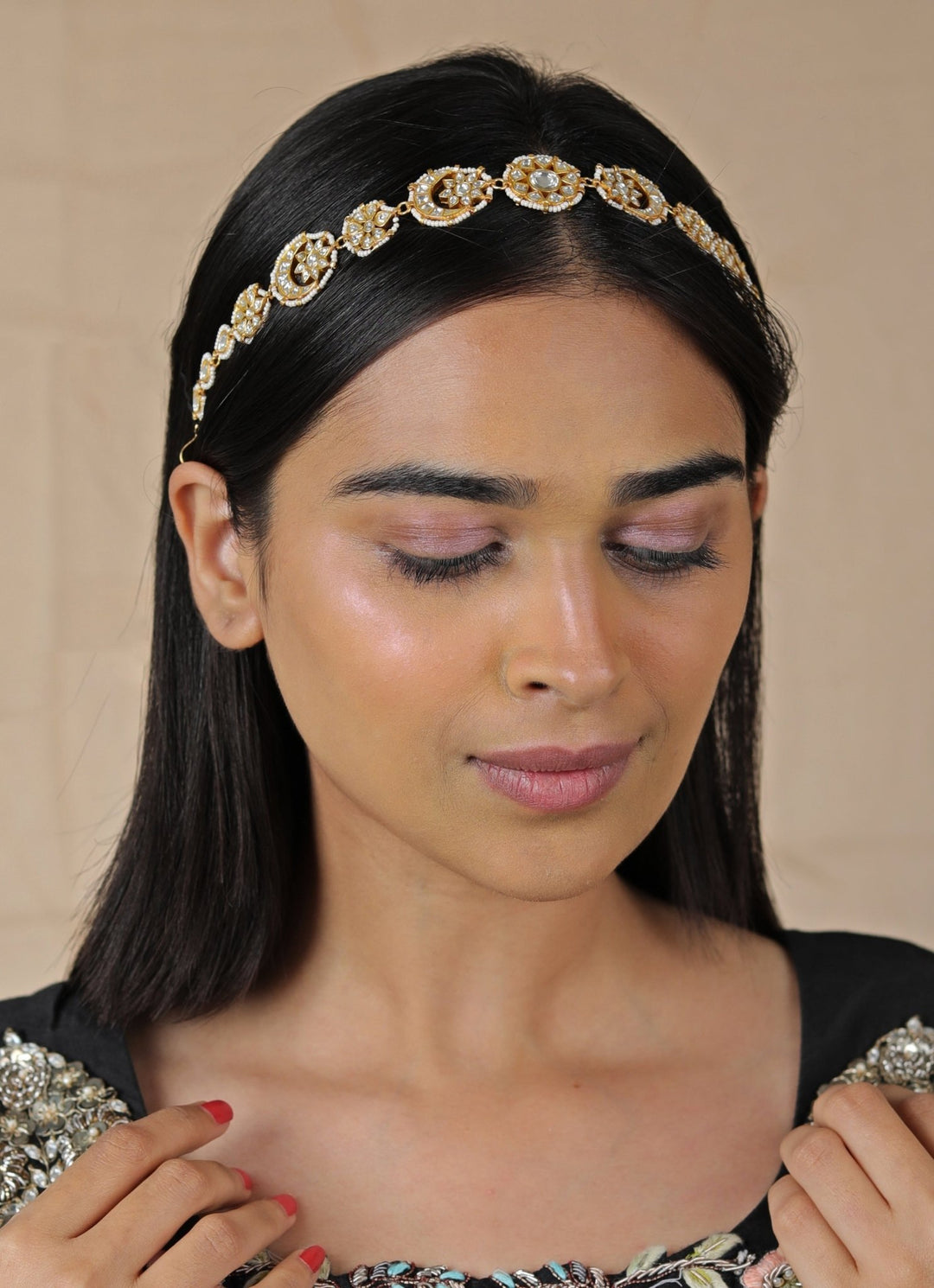 White Pearl Studded Mathapatti cum Hairband Riana by Shikha Jindal - Fabilicious Fashion