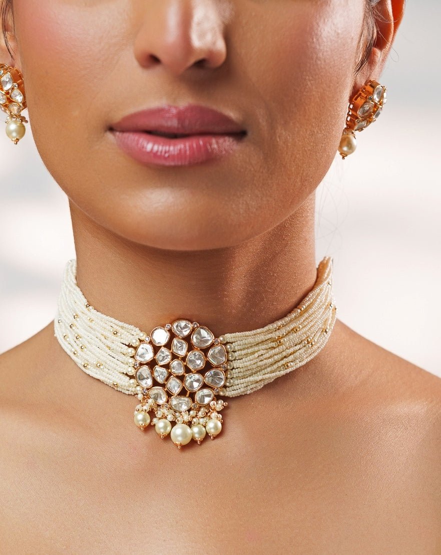 White Polki Pearl Choker Set Zevar by Geeta - Fabilicious Fashion