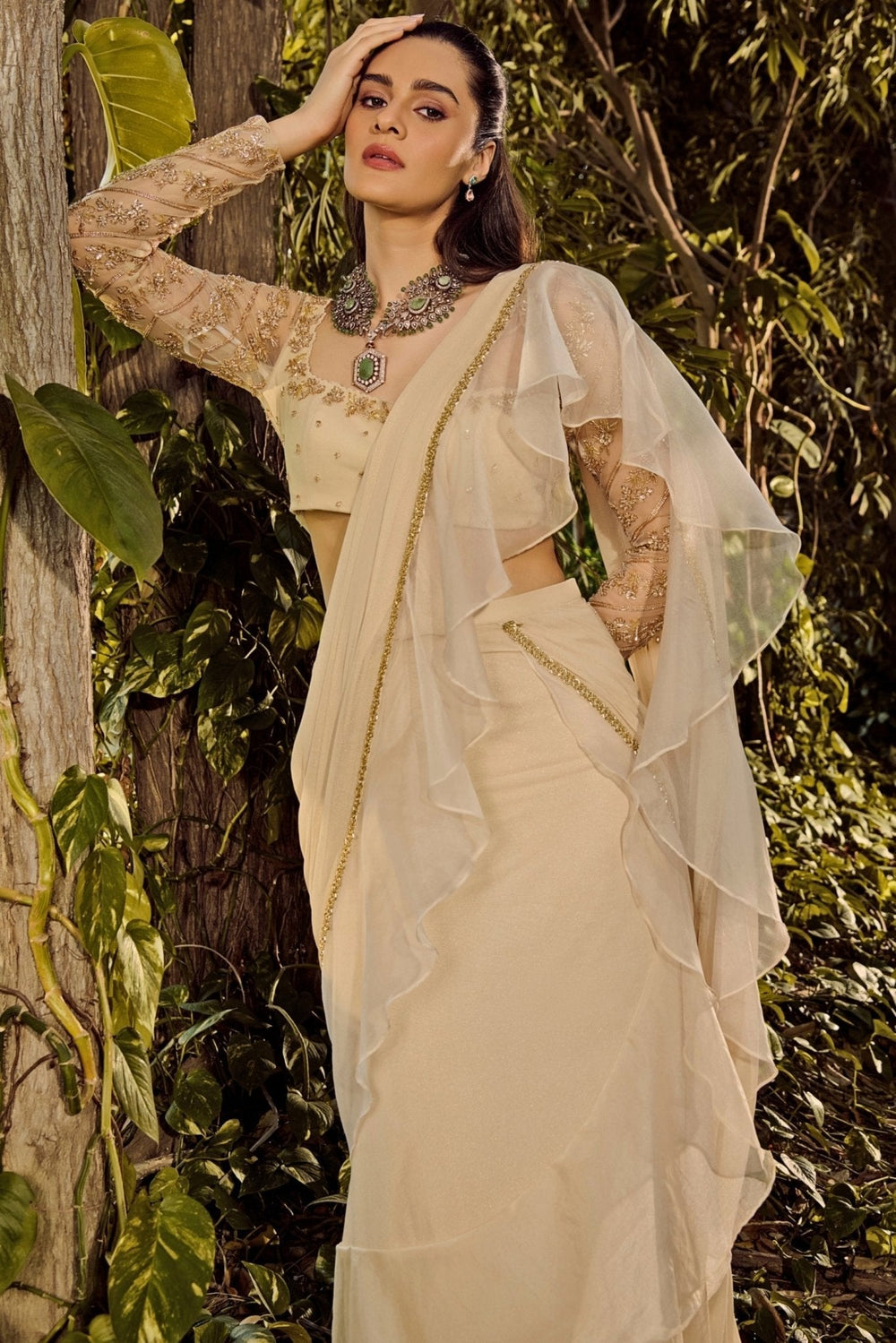 White Pre Draped Georgette Ruffle Saree Parul Gandhi - Fabilicious Fashion