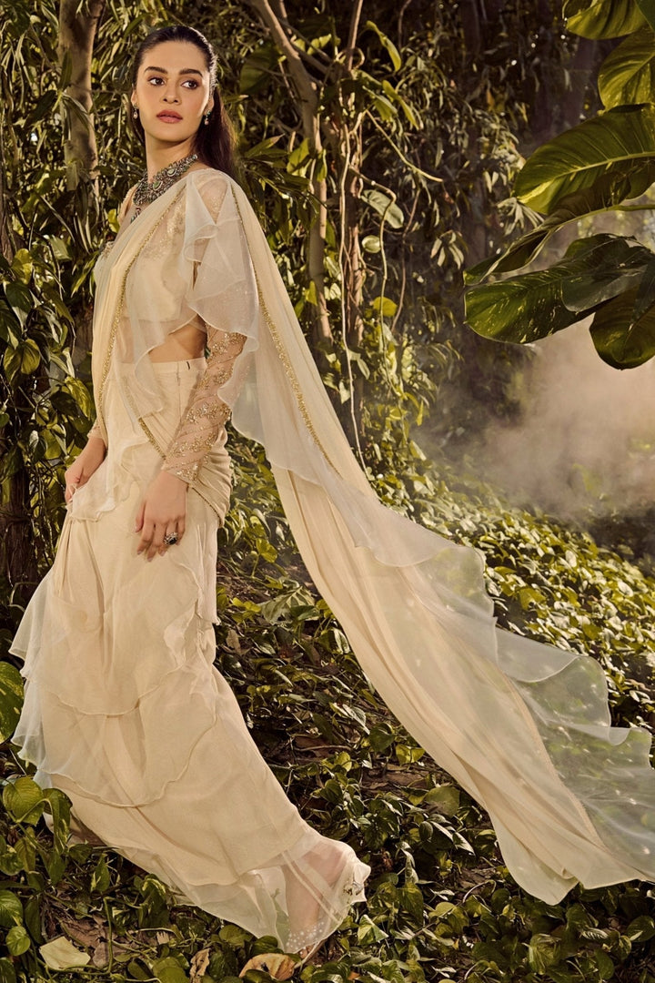 White Pre Draped Georgette Ruffle Saree Parul Gandhi - Fabilicious Fashion
