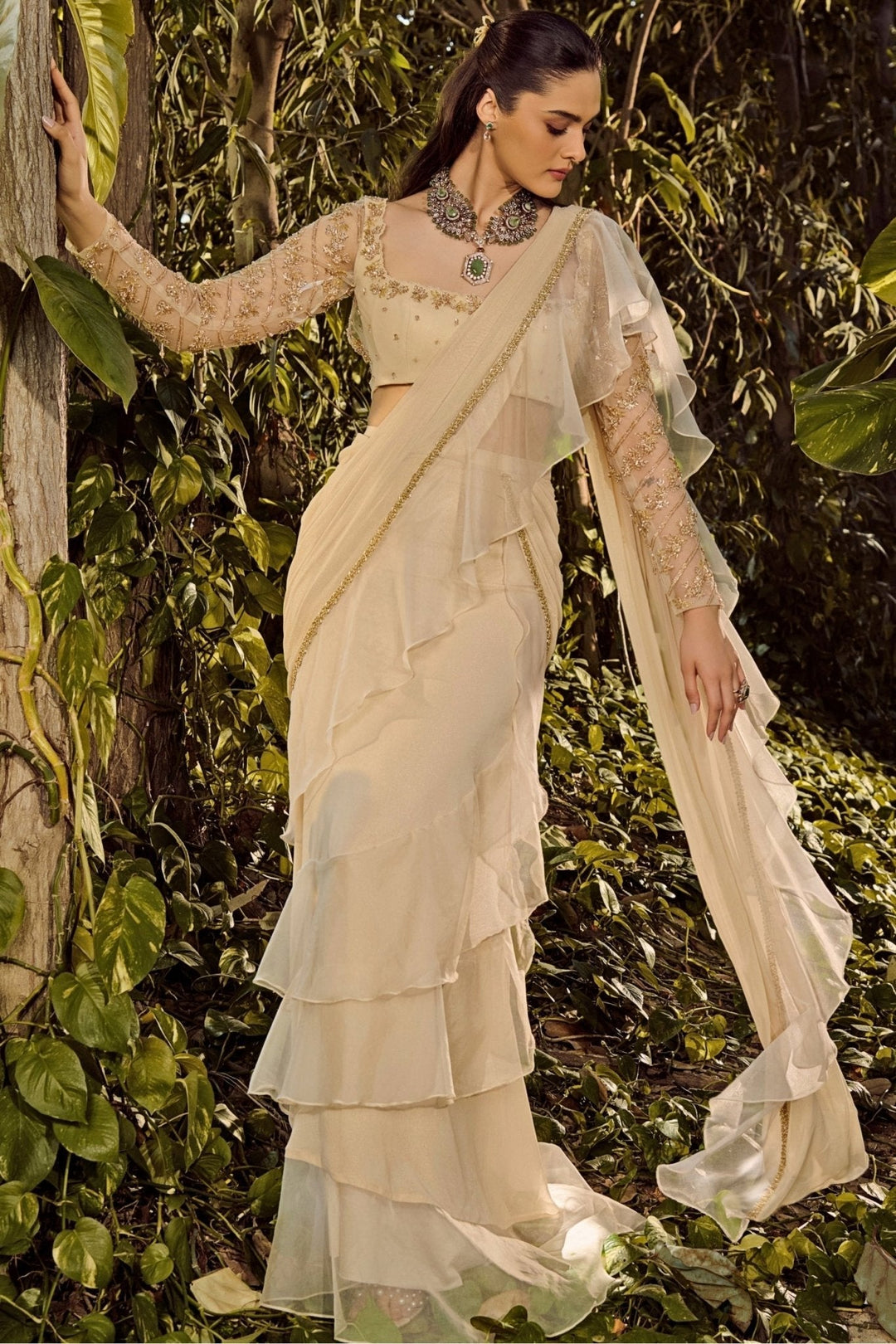White Pre Draped Georgette Ruffle Saree Parul Gandhi - Fabilicious Fashion