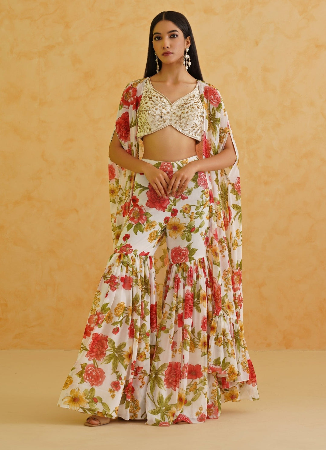 White Printed Blouse Sharara Set Deepika Chadha - Fabilicious Fashion
