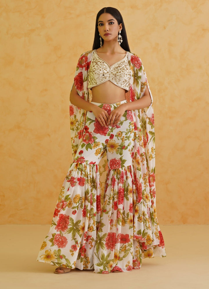 White Printed Blouse Sharara Set Deepika Chadha - Fabilicious Fashion