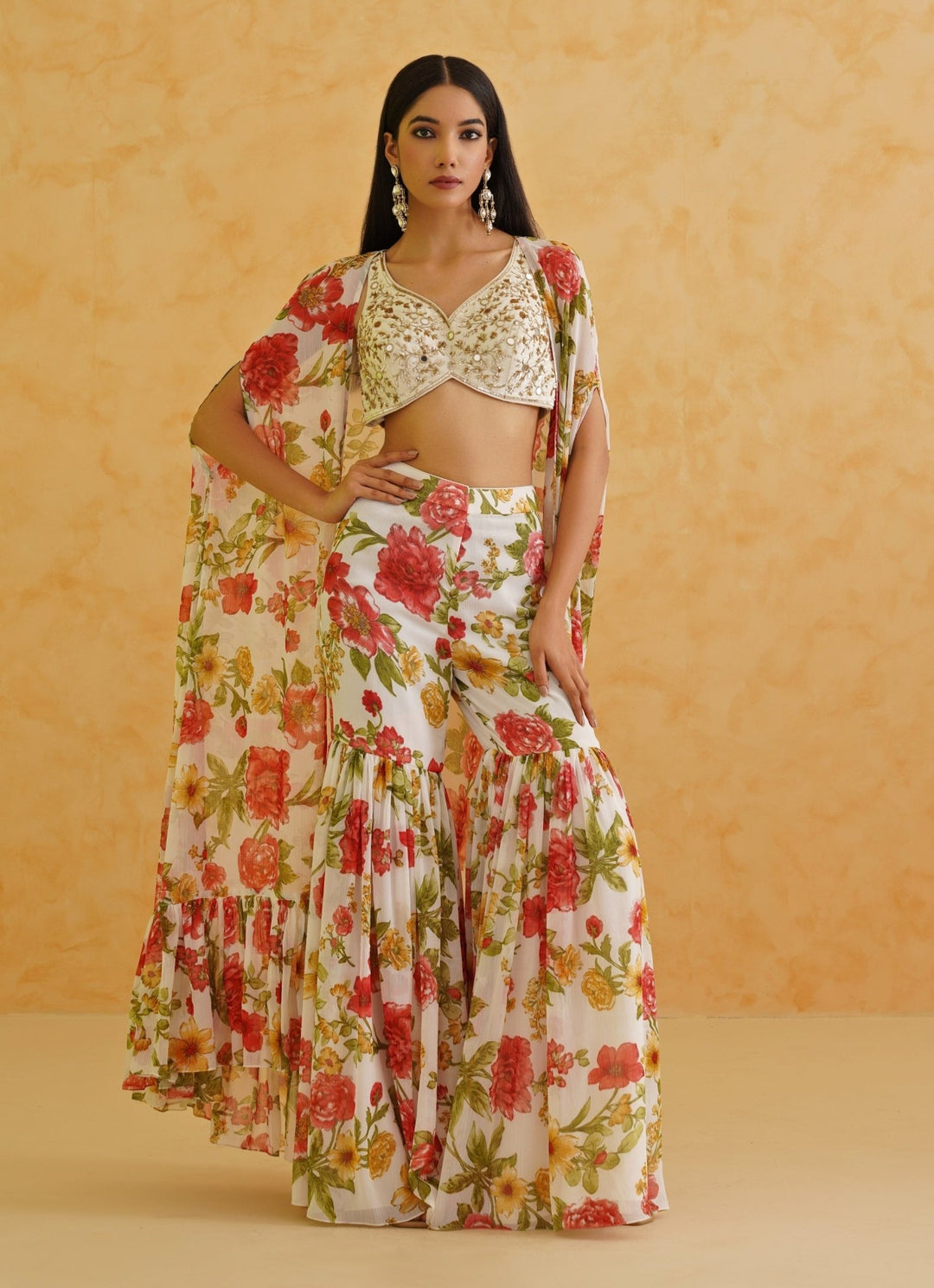 White Printed Blouse Sharara Set Deepika Chadha - Fabilicious Fashion