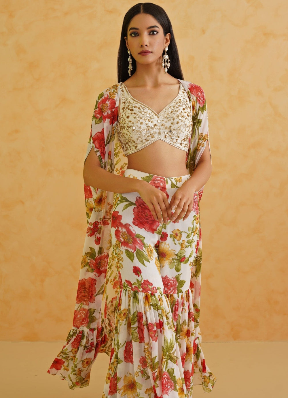 White Printed Blouse Sharara Set Deepika Chadha - Fabilicious Fashion