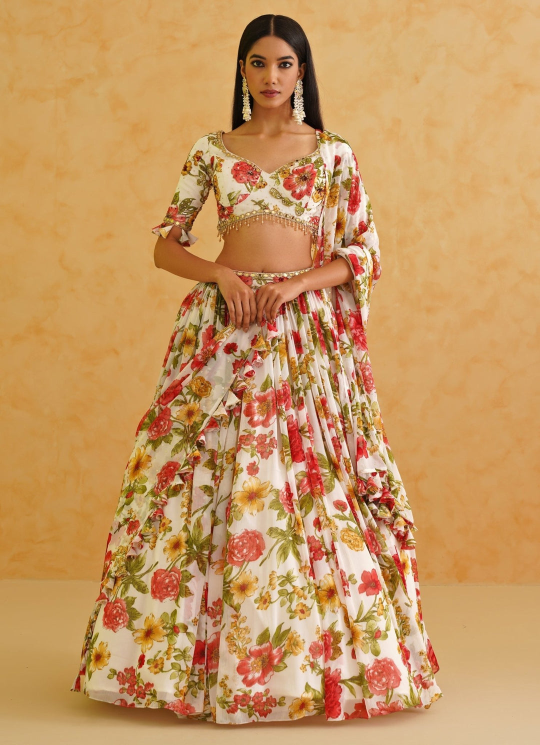 White Printed Georgette Lehenga Set Deepika Chadha - Fabilicious Fashion